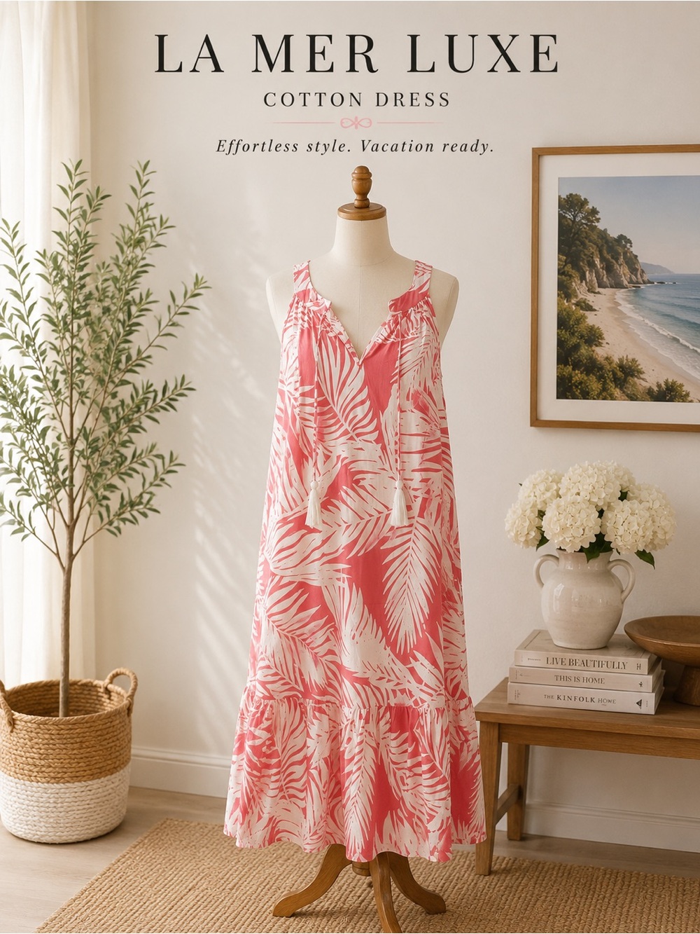 La Mer Luxe Cotton Summer Dress Large Pink Tropical Resort Midi Dress - Picture 2 of 9